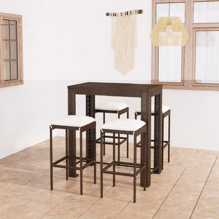 The Living Store Set bar da giardino 5 pezzi con cuscini in poly rattan marrone