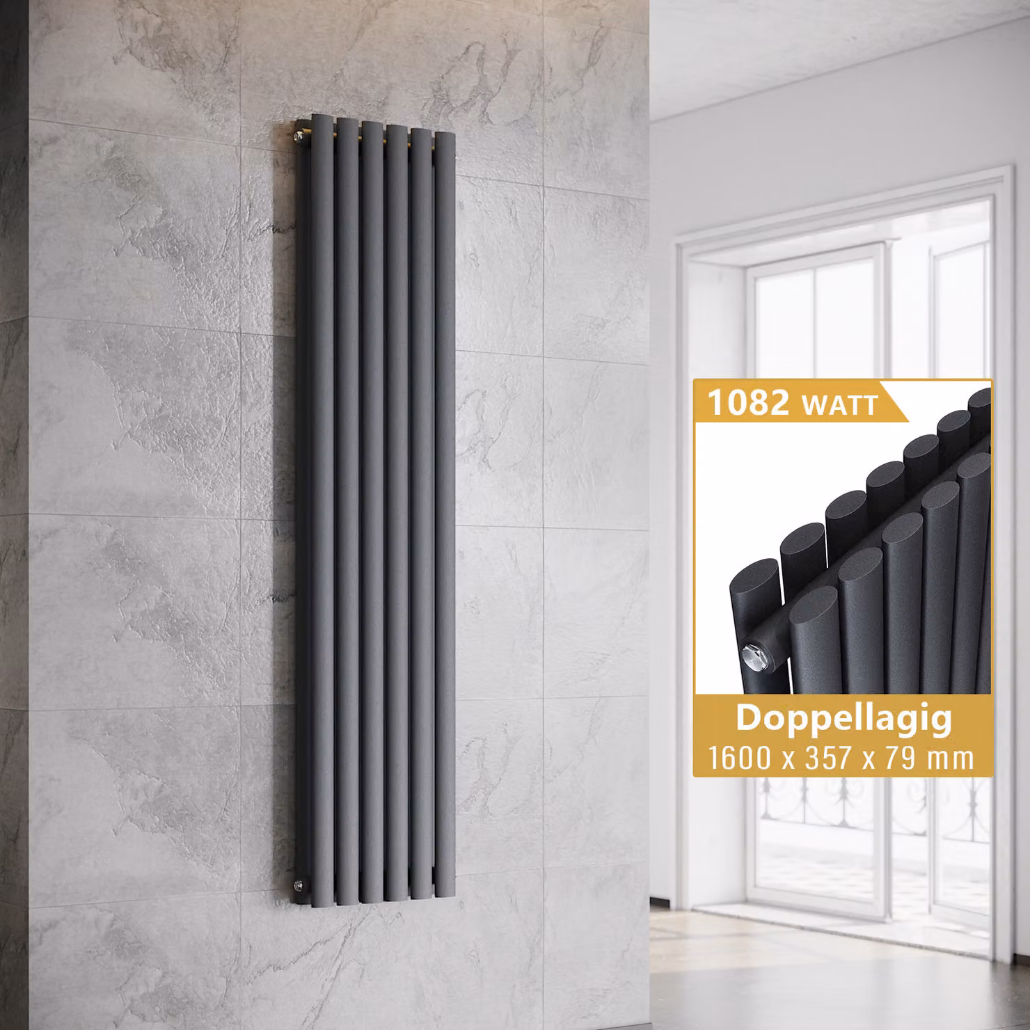 SONNI Radiatore a piastre verticali, radiatore a tubi a doppia parete, colore antracite, dimensioni 1600x357 mm, senza resistenza riscaldante