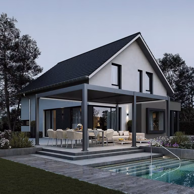 Pergola elettrica Weide E-Deluxe Plus interamente in alluminio, 4x6 m, con tetto a lamelle color antracite