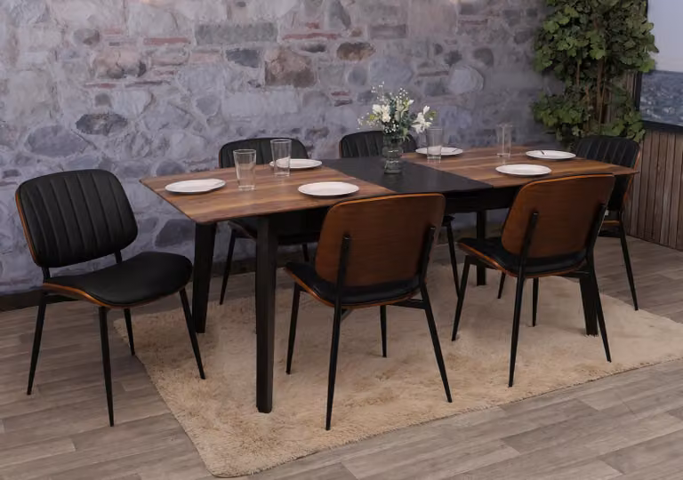 Set di 6 sedie da pranzo modello HWC-O44, sedia per cucina, realizzata con impiallacciatura di faggio e rivestita in ecopelle, finitura effetto noce scuro, colore nero
