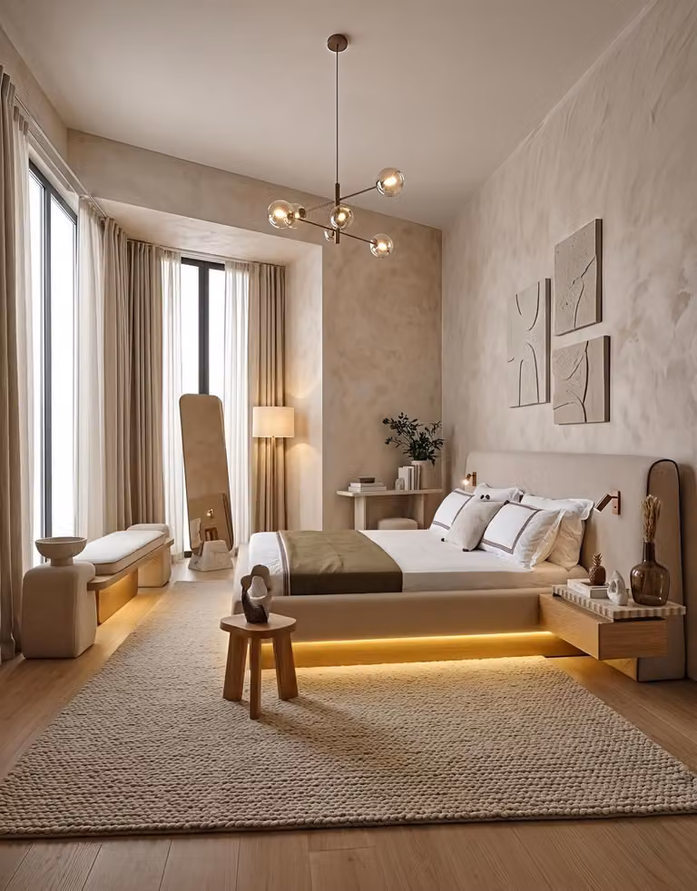 Set per camera da letto: letto, comodini, specchio a figura intera, panca. Design moderno, colore beige, aspetto elegante