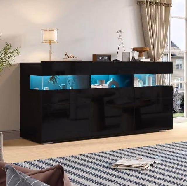 Mobile Sideboard nero lucido 140x40,5x66,5 cm con 3 ante, LED regolabile e ripiani trasparenti in acrilico