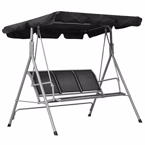 Bakaji Dondolo Da Giardino 3 Posti Colore Grigio Tetto Parasole Struttura in Acciaio Inox Seduta in Texilene Traspirante Dimensioni 175 x 112 x 155 cm (Nero)