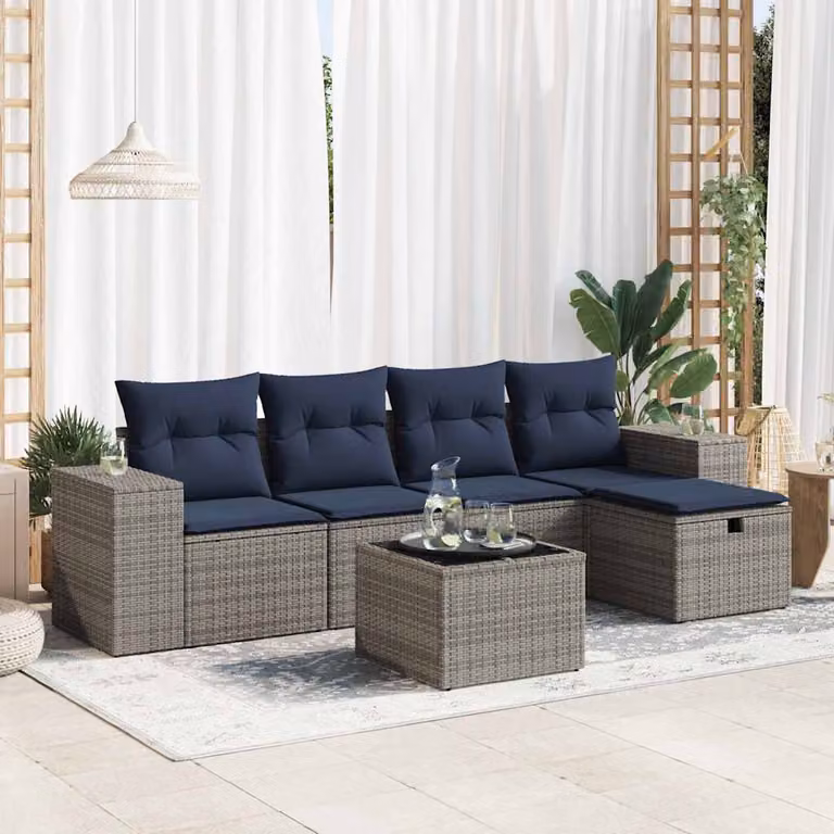 Set Divano da Giardino vidaXL 6 pz a Forma a L con Cuscini Grigio e Blu in Polyrattan e Metallo