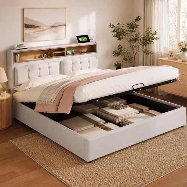 Letto matrimoniale 140x200 cm beige in lino, testiera regolabile con ricarica USB C, senza materasso