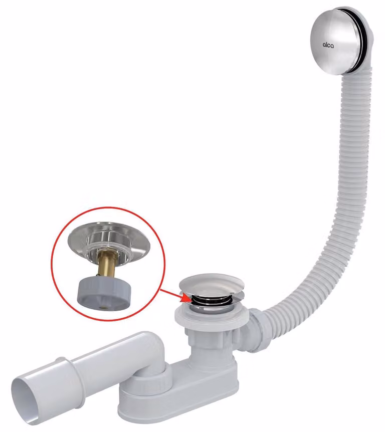 Set di scarico e troppopieno per vasca da bagno Alcadrain CLICK/CLACK, metallo cromato 100 cm
