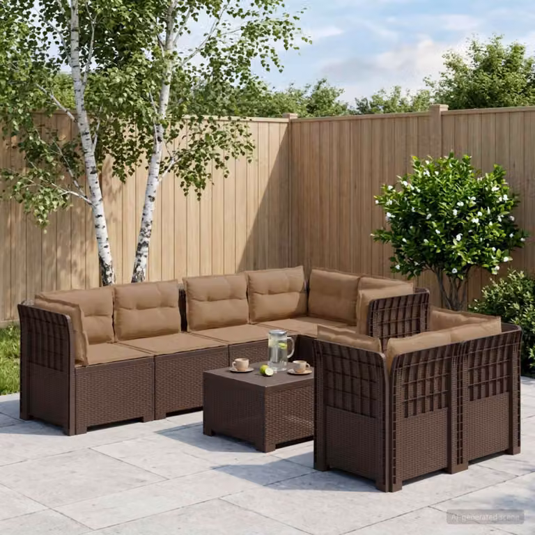 vidaXL Divano da Giardino a Forma di U con 7 Posti in Polyrattan Marrone e Cuscini Imbottiti