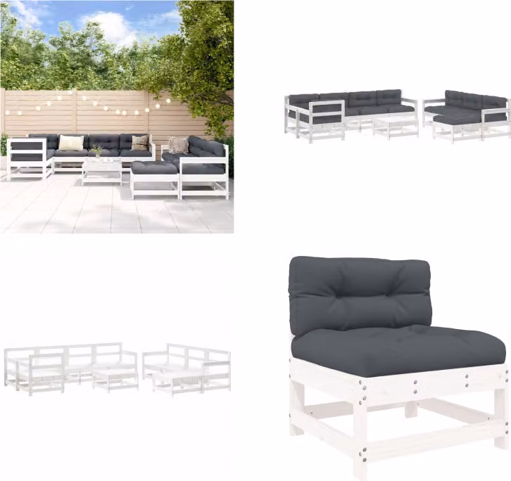 vidaXL Set salotto da giardino 10 pezzi con cuscini in legno massiccio bianco - Set salotto da giardino - Set salotto da giardino - Set salotto da esterno