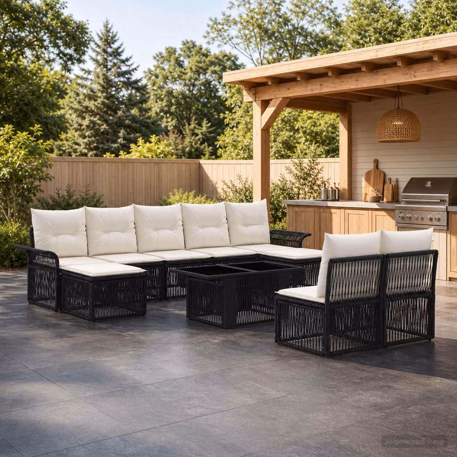 Set Divano da Giardino vidaXL in Polyrattan 10 Pezzi con Cuscini, Colore Nero e Bianco Crema