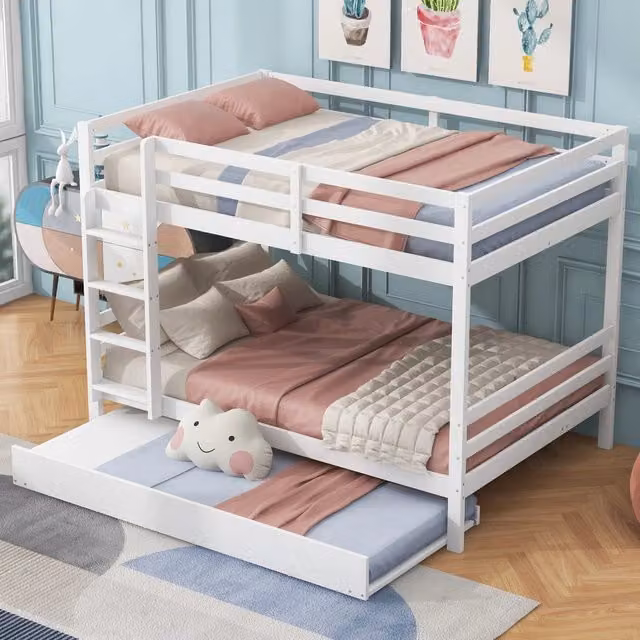 Letto a castello 140×200 cm 3 posti con letto estraibile e scala, senza materassi, in pino bianco