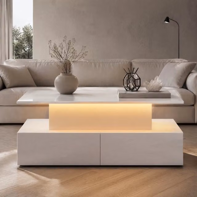 Tavolino da caffè moderno MODFU in MDF bianco lucido con meccanismo lift e design rettangolare L/P/H: 90 x 55 x 41 cm