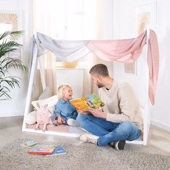 Culla Montessori a forma di tenda in legno FSC bianco per bambini con materasso 70x140 cm