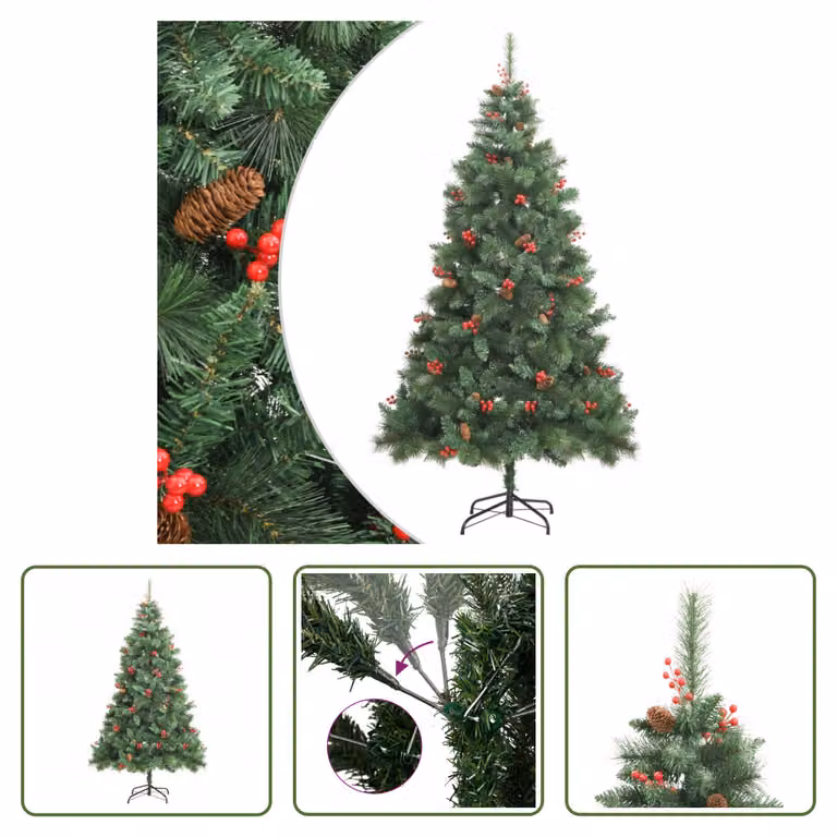 The Living Store Albero di Natale artificiale pieghevole con pigne e bacche 210 cm