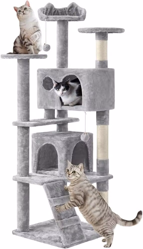 Albero per gatti alto 158 cm, robusto, con 2 rifugi, color grigio chiaro. Realizzato con pannelli di truciolato certificati Albero per gatti multistrato, ideale per gatti di grossa taglia. Dotato di sistema di sicurezza anticaduta, 3 piattaforme e un'area