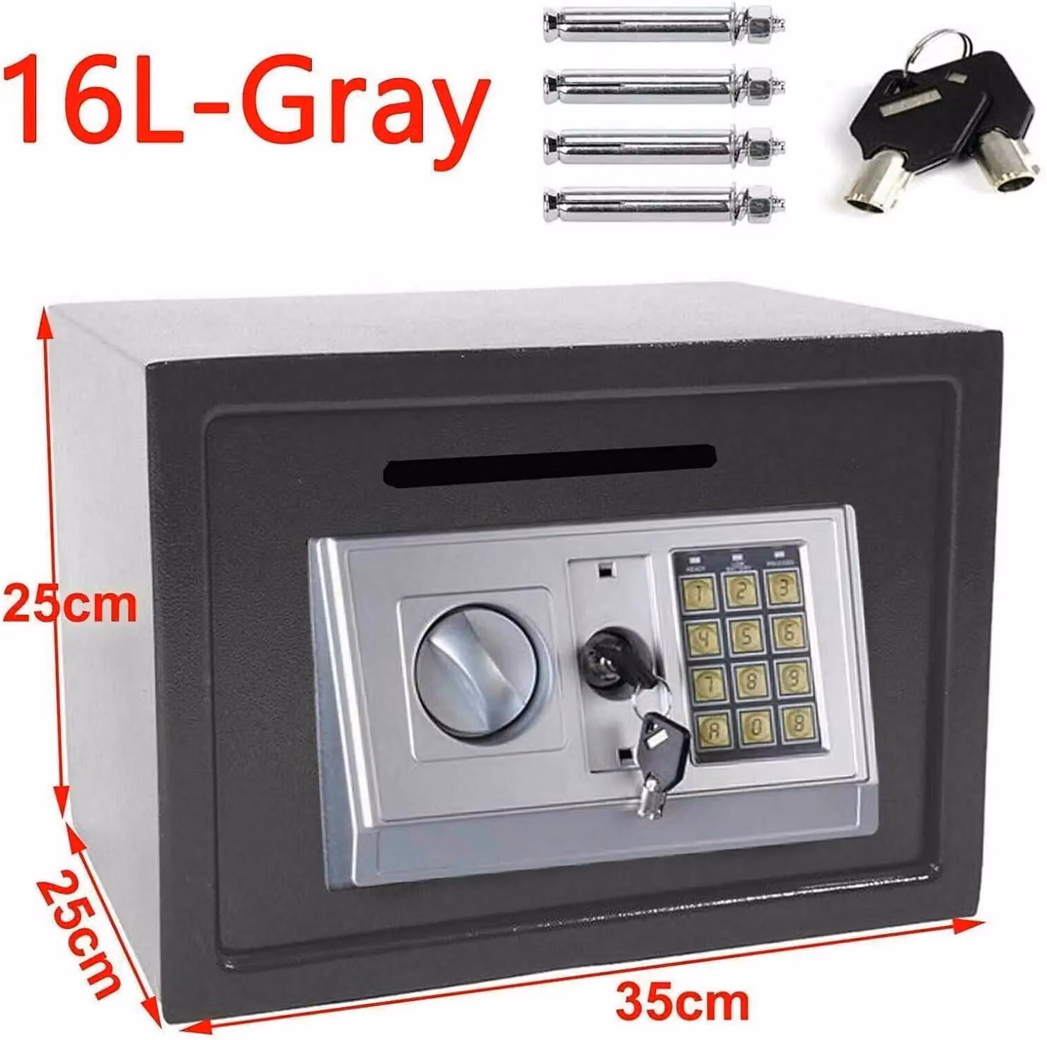 Cassaforte - Cassaforte digitale elettronica - 16 L, 35×25×25 cm - Acciaio massiccio - Codice PIN + chiave - Montaggio a parete/a pavimento - Grigio