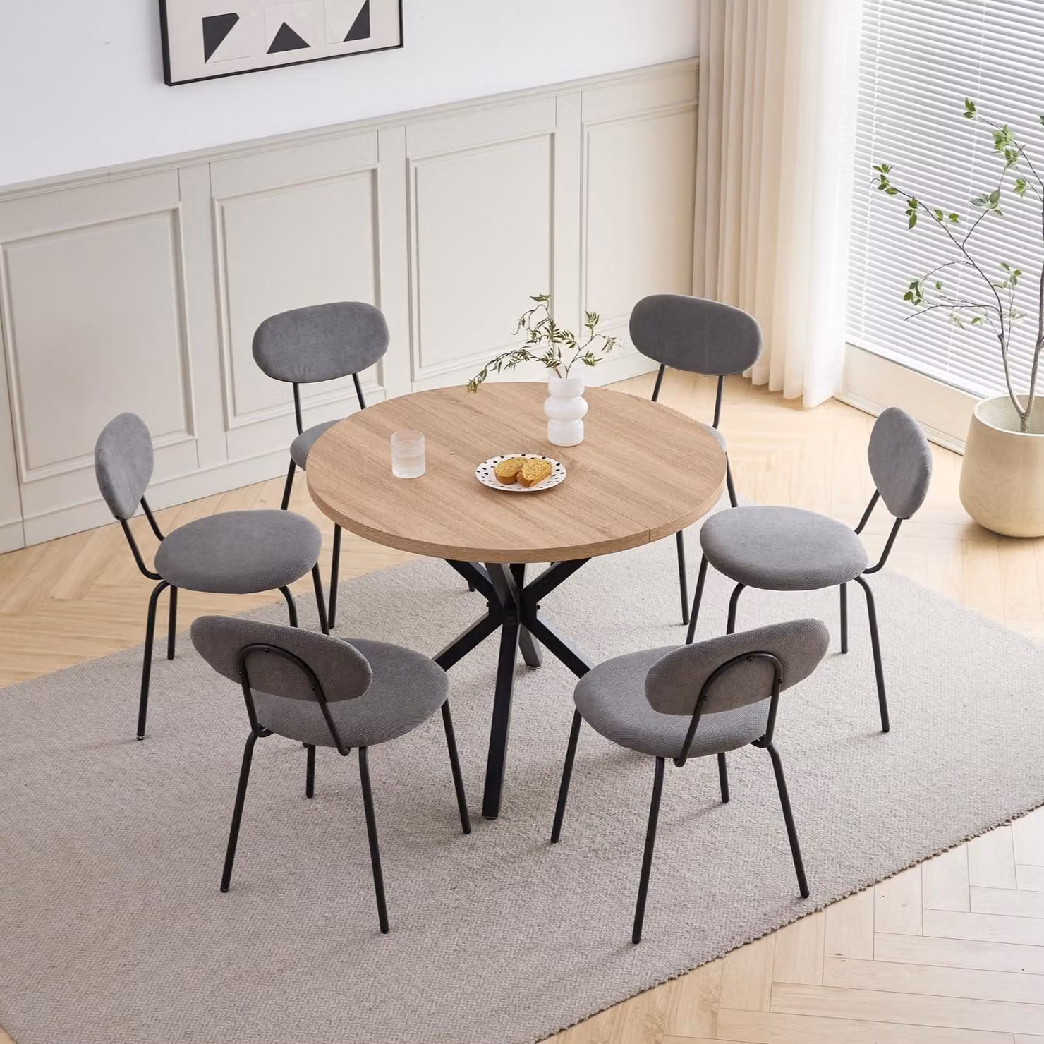 Set tavolo e sedie: 6 sedie, tavolo rotondo in legno, diametro 100 cm, impilabili, design moderno, colore kaki chiaro e grigio scuro