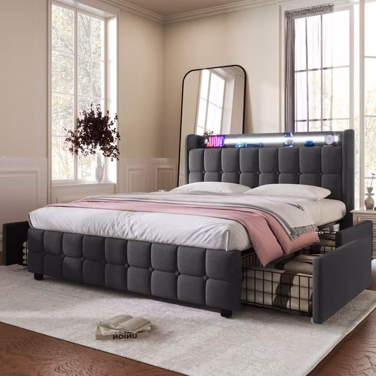 Letto imbottito Flieks 180x200cm con USB e prese, letto per ragazzi letto matrimoniale con 4 cassetti, letto contenitore letto in legno massiccio con LED e rete a doghe, lino, grigio