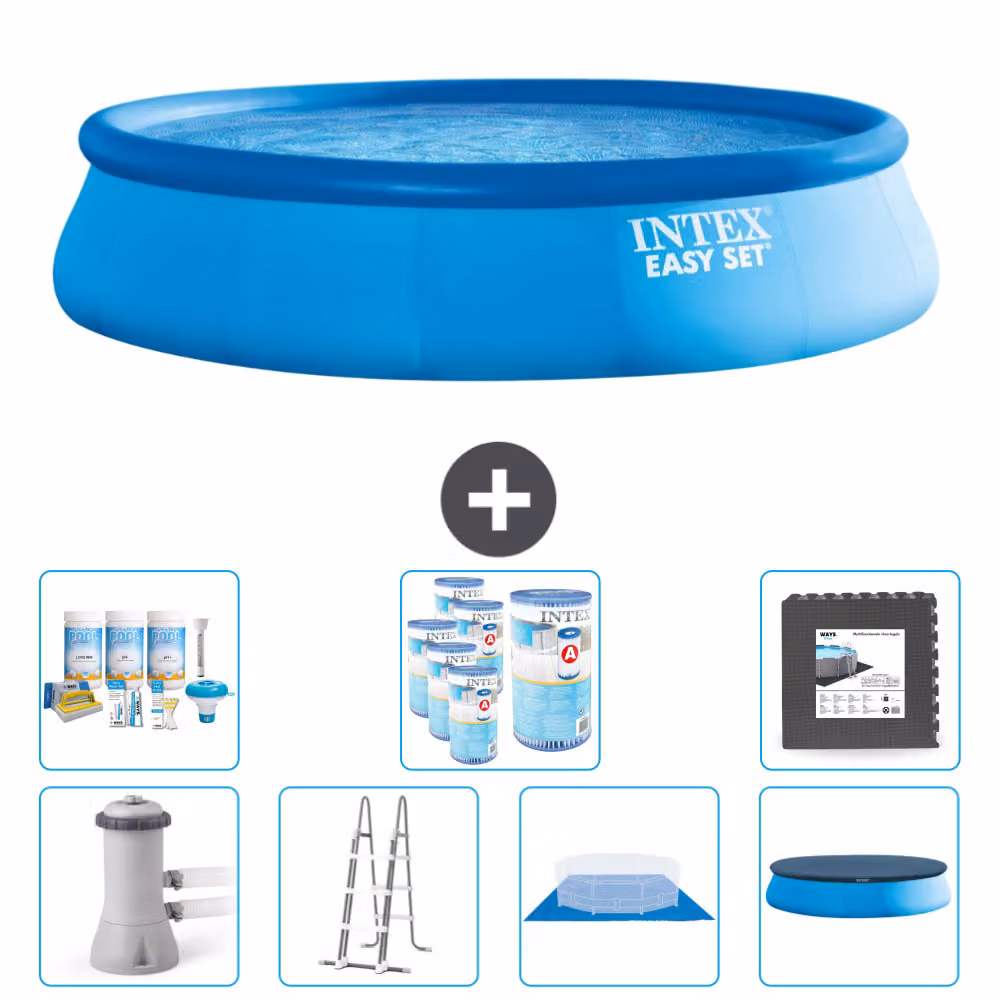 Piscina gonfiabile rotonda Easy Set di Intex - 457 x 107 cm - blu - pompa inclusa - scaletta - telo per il pavimento - pacchetto di manutenzione della copertura - filtro - piastrelle per il pavimento
