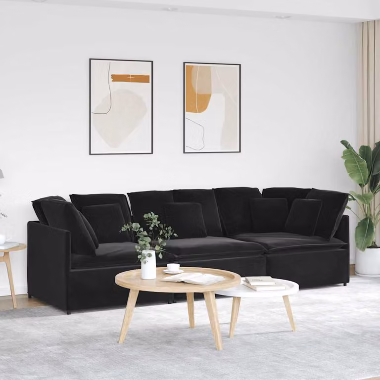 vidaXL Divano Modulare a L in Velluto Nero con Cuscini e Struttura in Metallo e Legno
