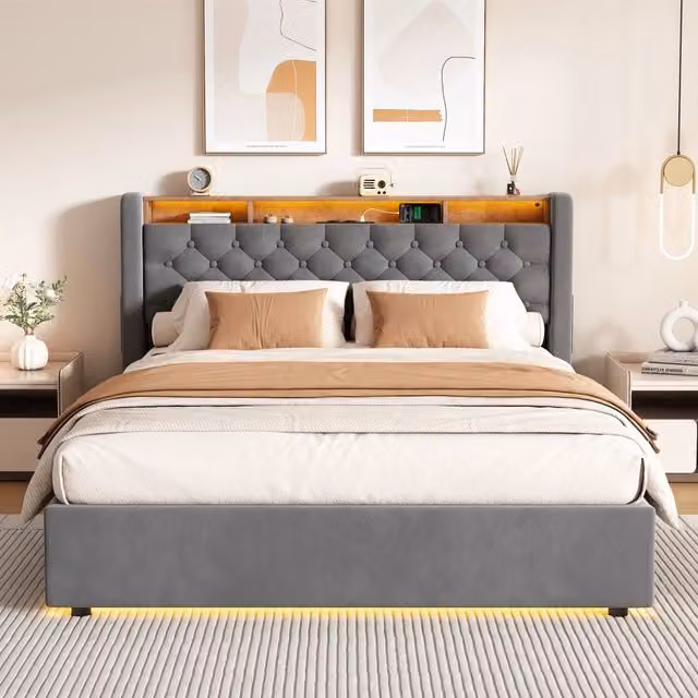 Letto matrimoniale imbottito in velluto grigio con LED, USB e contenitore 140x190 cm