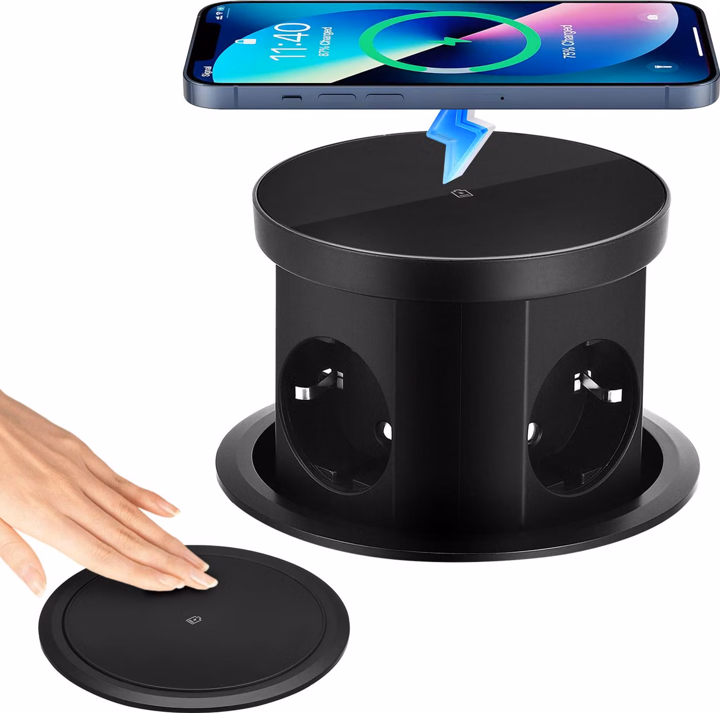 Prese multiple a scomparsa, modello a 3 vie, con porta USB-C da 15W e caricabatterie wireless, adatte per piani di lavoro e scrivanie