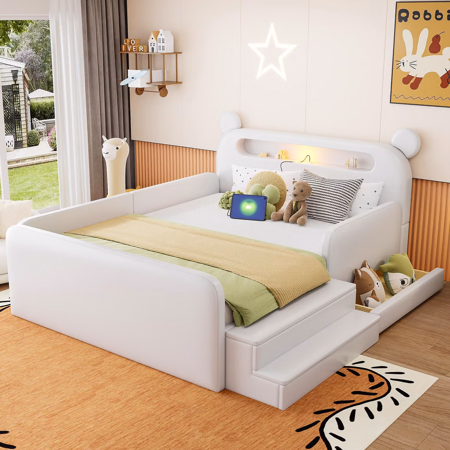 Letto imbottito per bambini, dimensioni 140x200, con testiera a forma di orso, luce notturna, porta USB, spazio contenitivo, seduta a gradoni, rivestito in ecopelle
