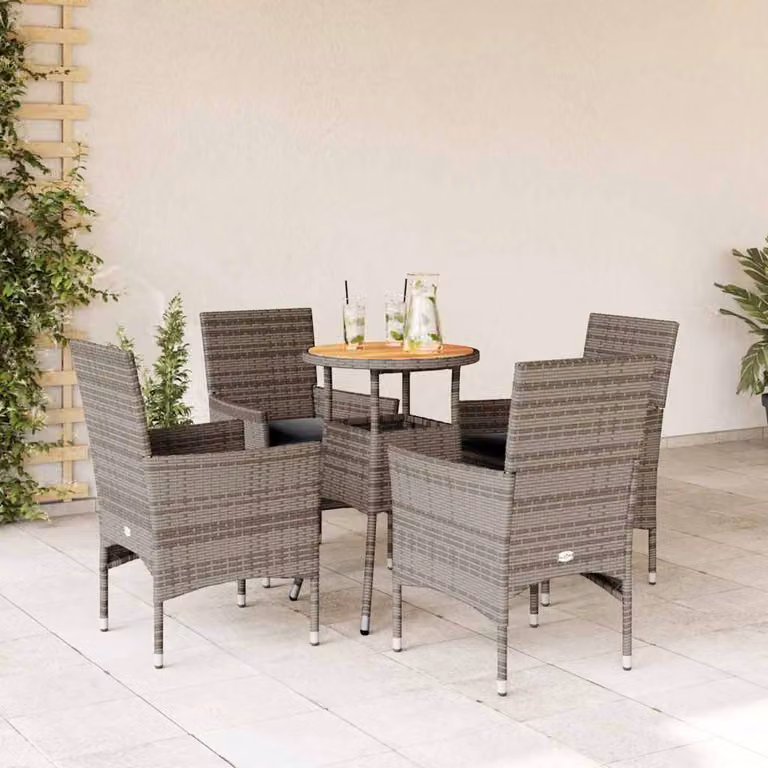 Set Pranzo da Giardino vidaXL in Polyrattan e Legno di Acacia con 5 Cuscini Grigio