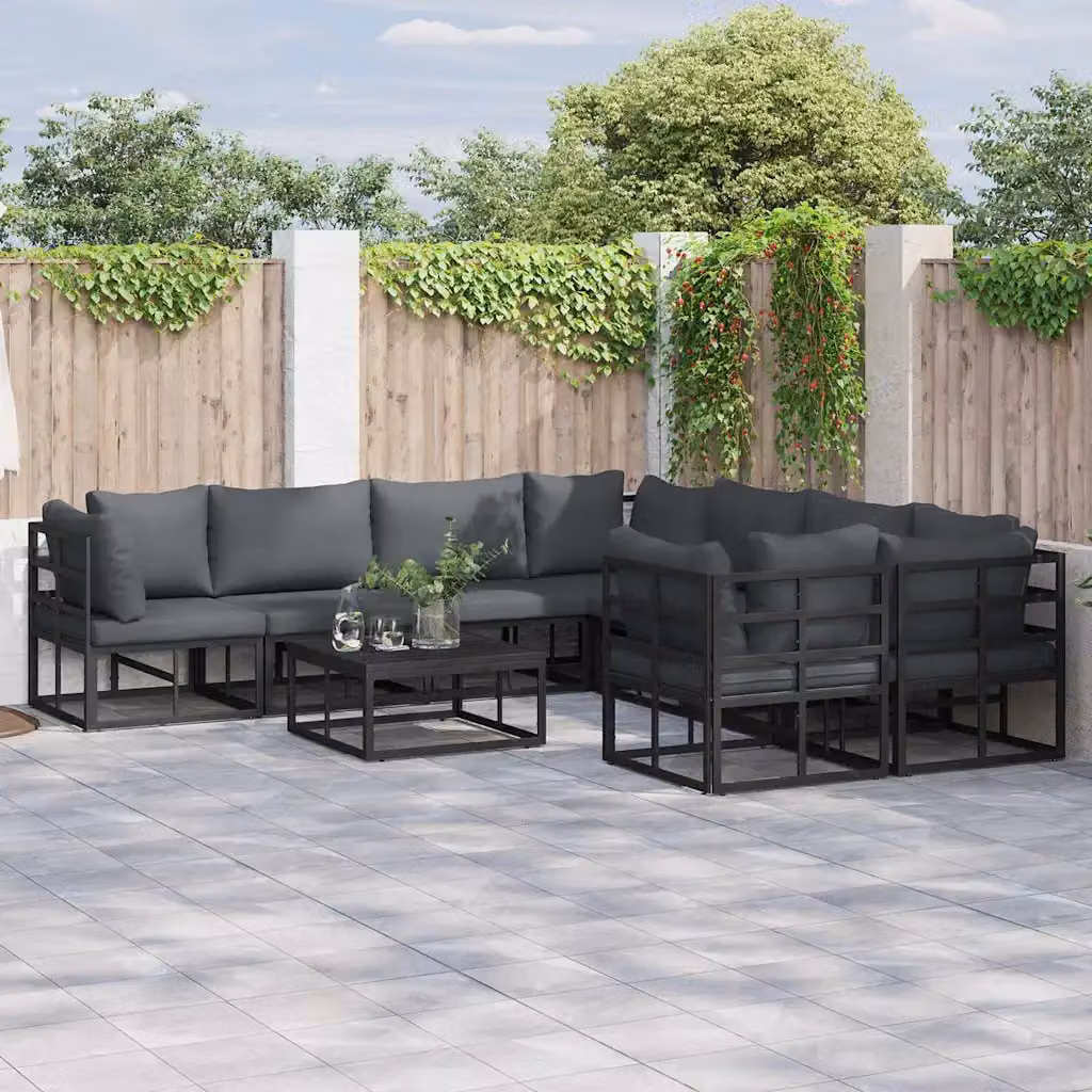 Set Divano da Giardino a L vidaXL 8 pz Nero in Alluminio con Cuscini – 1