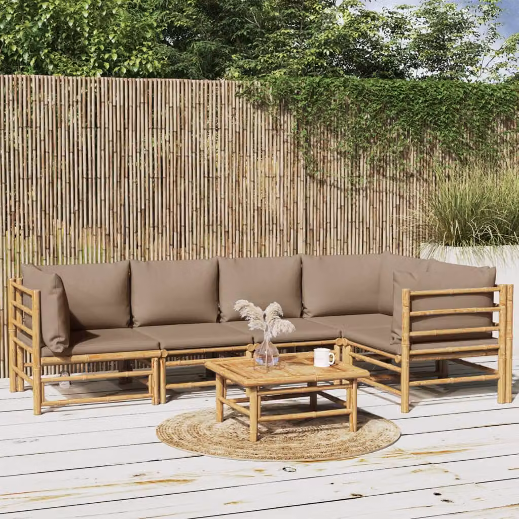 Set Salotto da Giardino vidaXL in Bambu con Cuscini Beige e Marrone, Composizione a L con Divano 2 Posti, Elementi Angolari e Tavolino da Caffè