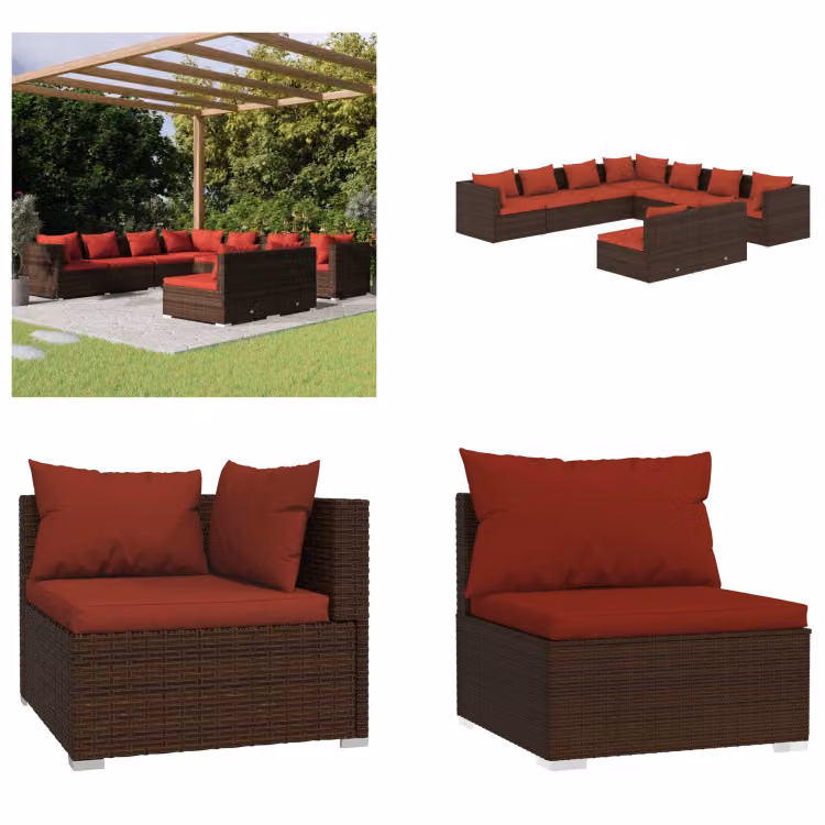 vidaXL 9 pezzi set salotto da giardino con cuscini in rattan marrone - Set salotto da giardino - Set salotto da giardino - Set salotto da terrazza - Set divano da giardino