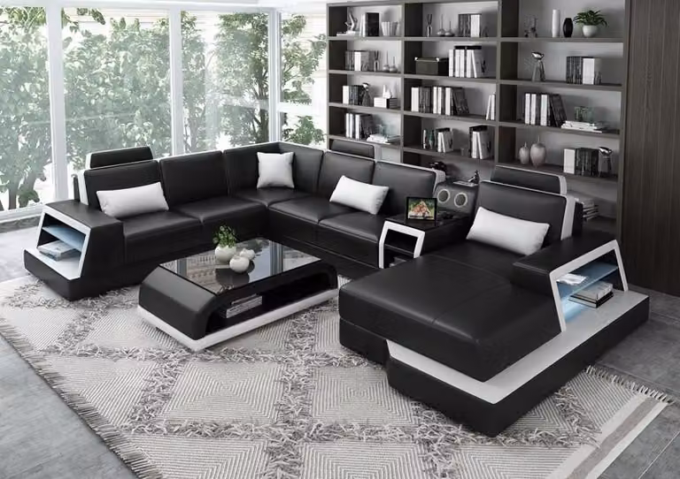U-Form Sofa Couch Polster Garnitur Wohnlandschaft Design Ecksofa Leder Ecke