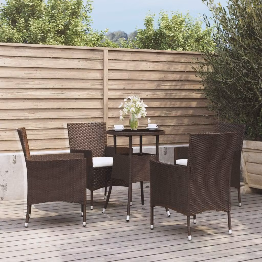 Set Bistrò da Giardino vidaXL 5 pz in Polyrattan Marrone con Cuscini e Tavolo in Vetro