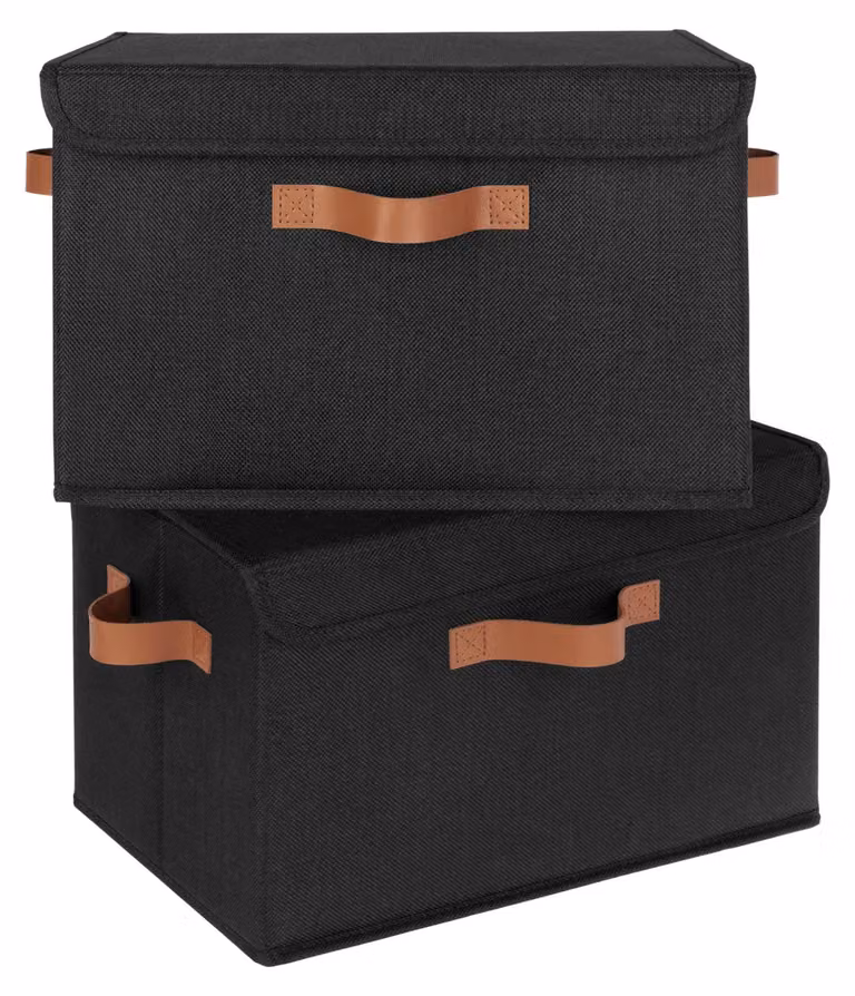 Scatole di stoccaggio con coperchio, set da 2, contenitori pieghevoli per abbigliamento - neri