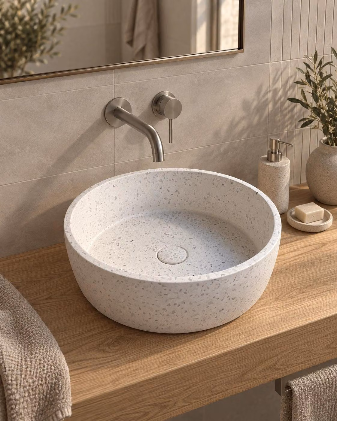 Lavabo 39 cm ciotola da appoggio in cemento terrazzo chiaro Capri
