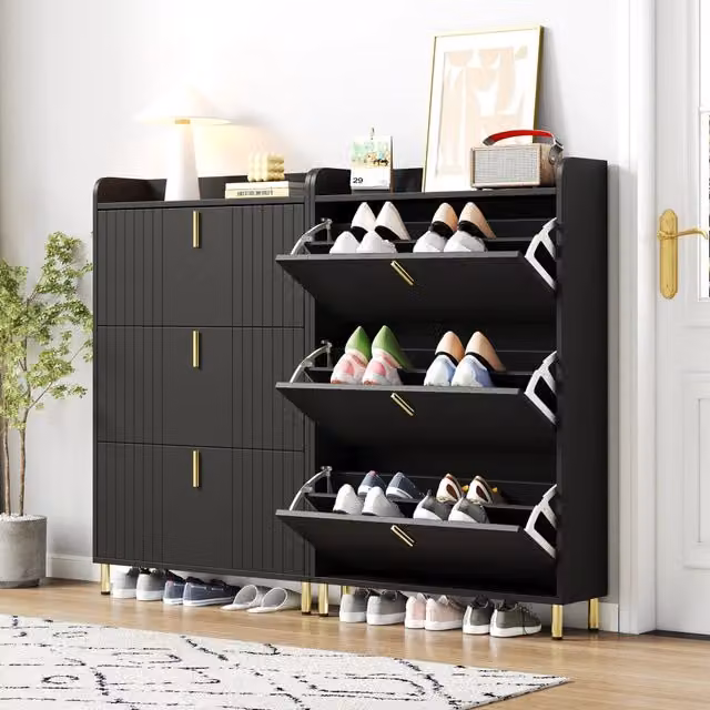 Set da 2 pezzi di scarpiera REDOM moderna in nero e oro con ripiani regolabili L/P/H: 80 x 23 x 123,5 cm