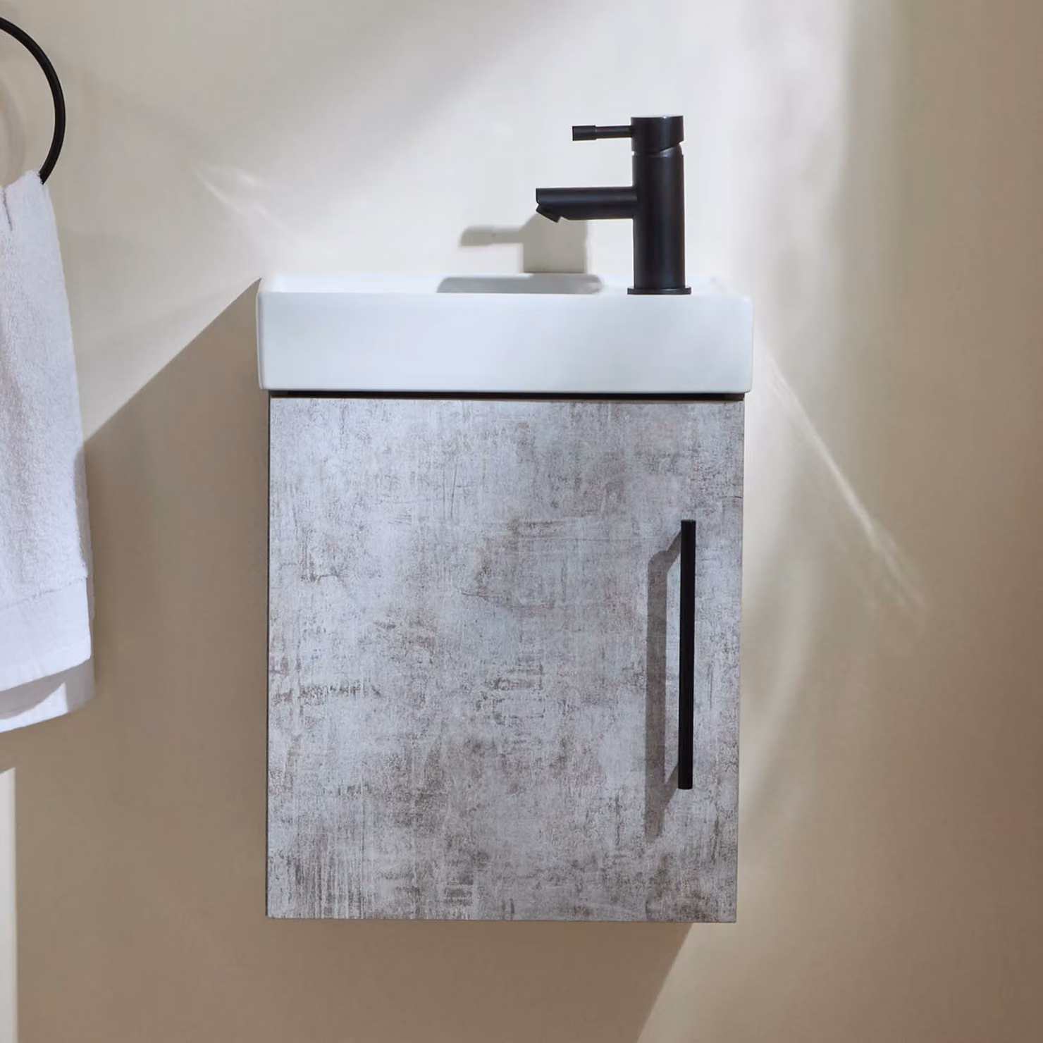 Mobile Bagno Grigio Cemento Sospeso da 400mm con Lavabo e Maniglia con Barra a T Nera - Cluo