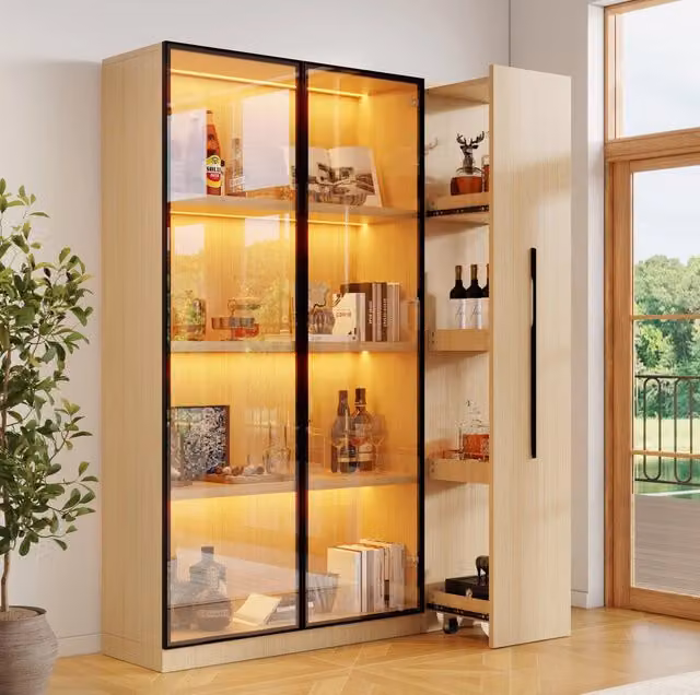 Mobile libreria e vetrina con LED; ripiano estraibile laterale in MDF; colore rovere