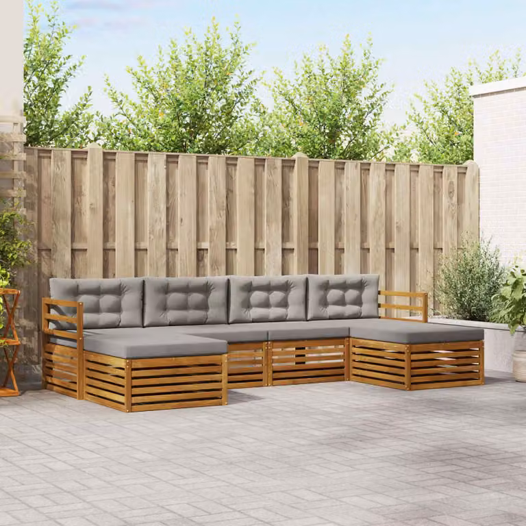 Set di divani da esterno vidaXL a forma di L in legno di acacia con cuscini, 6 pezzi, Grigio e Marrone