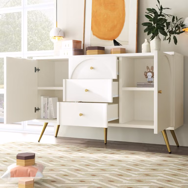 okwish Comodà 140x40x84 cm con 2 ante, 3 cassetti e ripiani regolabili, Bianco