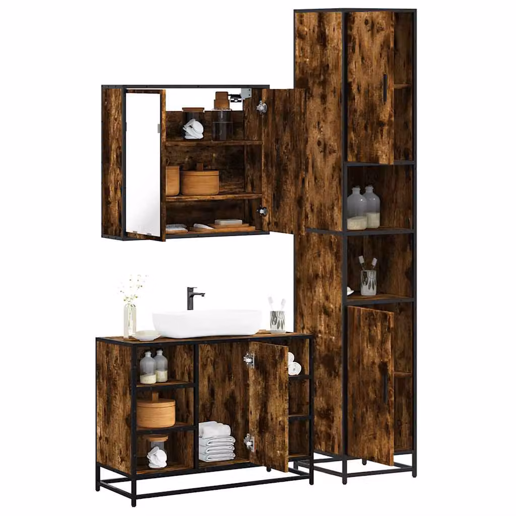 Set di mobili da bagno industrial vidaXL composto da 3 pezzi in legno rovere e metallo, colore marrone – 1