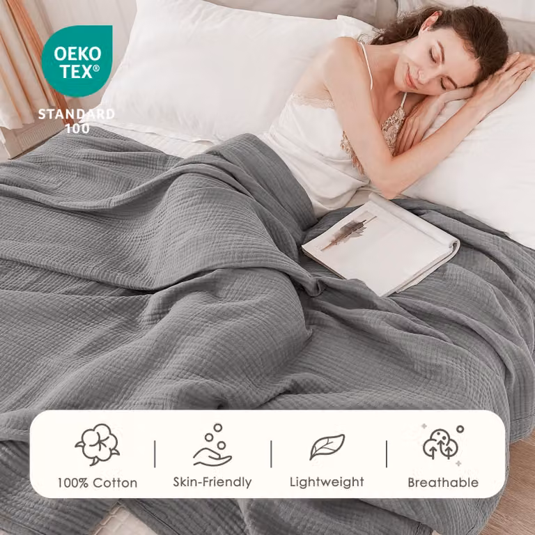 Coperta in mussola, dimensioni 203x228,5 cm, a 6 strati, grigia, in cotone, per il letto