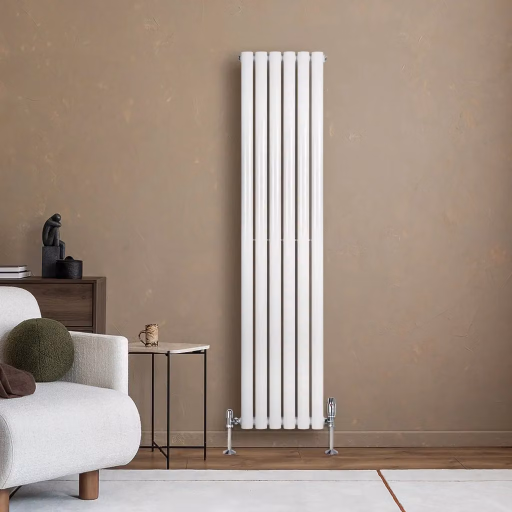 Radiatore Verticale Ovale Monstershop in Acciaio Bianco con Valvola Termostatica e Staffa a Parete H: 160 cm, L: 36 cm – 2