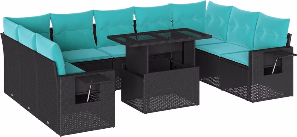 set di divani da giardino da 10 pezzi con cuscini, in polyrattan nero
