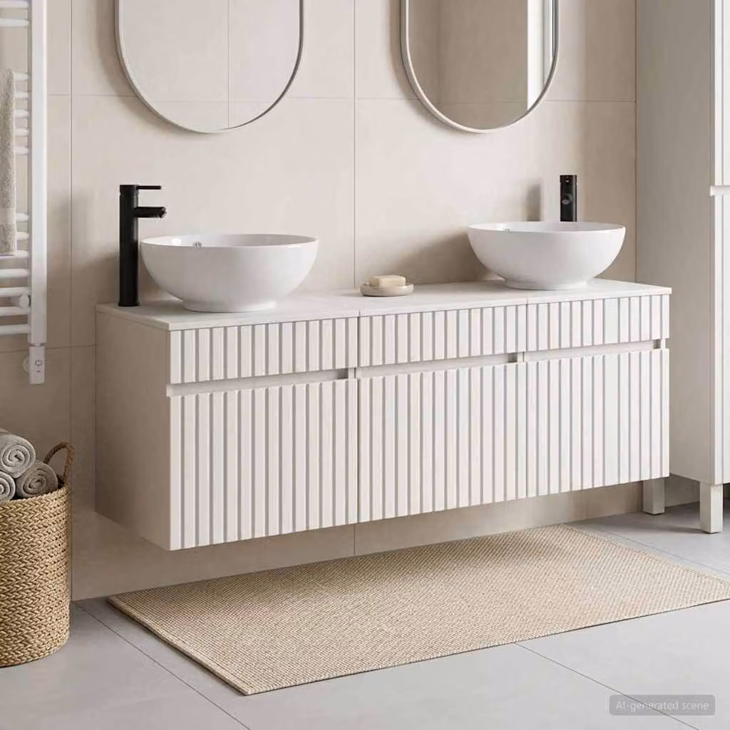 Set di mobili da bagno moderni vidaXL in legno bianco opaco, composto da 3 pezzi con vanità e pensili, L/P/H: 49 x 44,5 x 66,5 cm