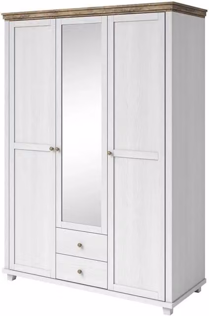 Armadio Meublorama Collezione ASSIA con 3 ante, 2 cassetti e specchio, Bianco e Rovere, L: 150 cm, H: 220 cm, P: 62 cm