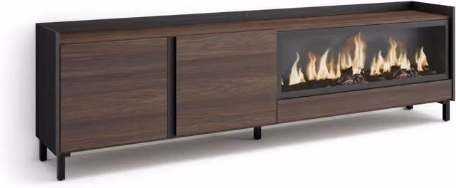 Mobile TV Soggiorno, 212x61x35 cm, Per TV fino a 80", Camino elettrico XXL, Design industriale, Rovere scuro e Nero