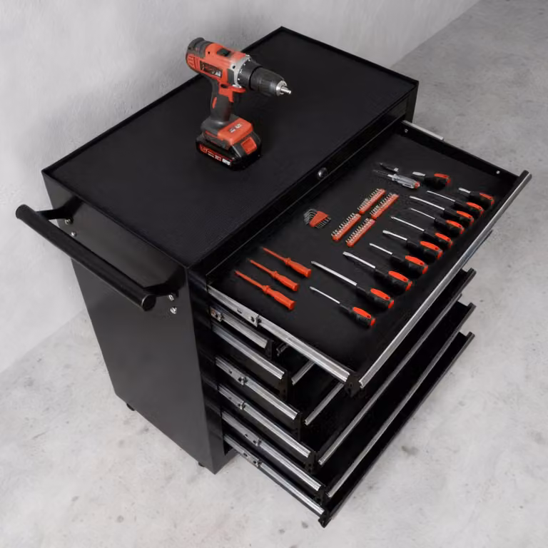 Carrello portautensili tectake con 7 cassetti, piano di lavoro e ruote, nero L: 79 cm, P: 44 cm, H: 88 cm