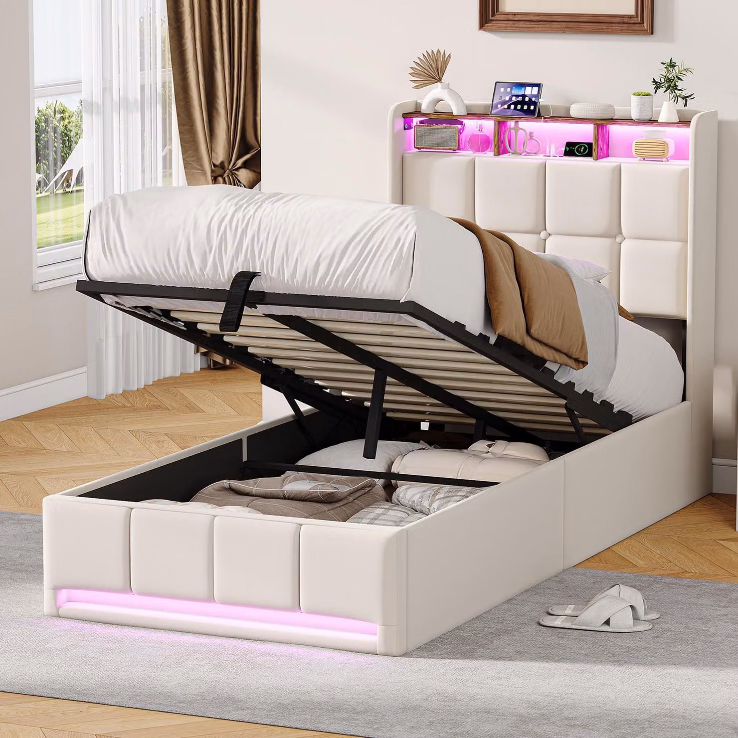 Letto imbottito 90x200 cm con vano contenitore idraulico, illuminazione a LED e ricarica USB/Type-C, lino beige