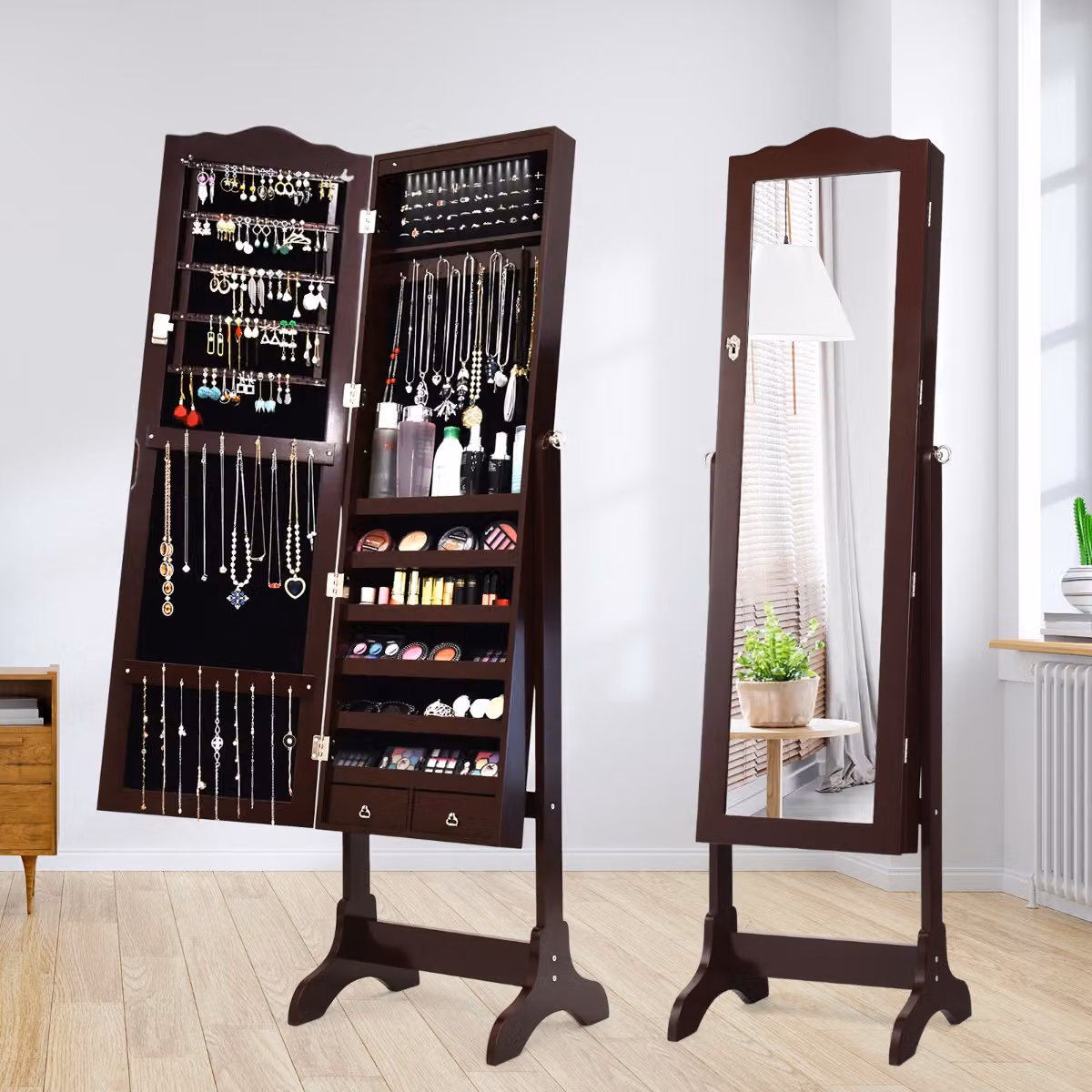 Armadio portagioie Costway con specchio a figura intera e 14 luci LED, colore marrone caffè
