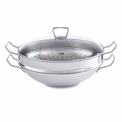Fissler Nanjing Padella wok in acciaio inox 36 cm, grande padella wok senza rivestimento, padella di ispirazione asiatica con coperchio in vetro, incluso inserto vaporiera, anche a induzione